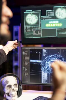 Close up of hacker celebrates after successfully extracting military secrets on flash drive with deep learning. Happy cybercriminal overjoyed after uploading USB with neural network espionage software photo