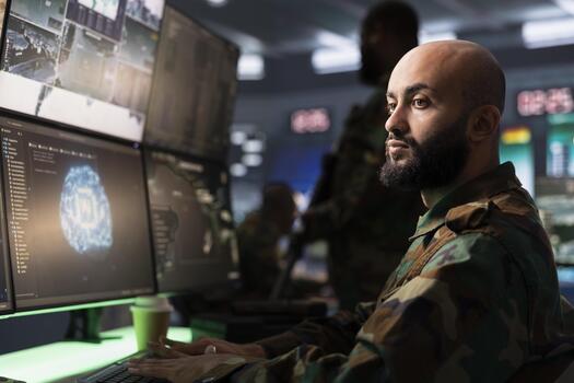 Army employed programmer employing AI tech in military planning and decision making processes. IT professional uses machine learning to enhance combat operational capabilities photo