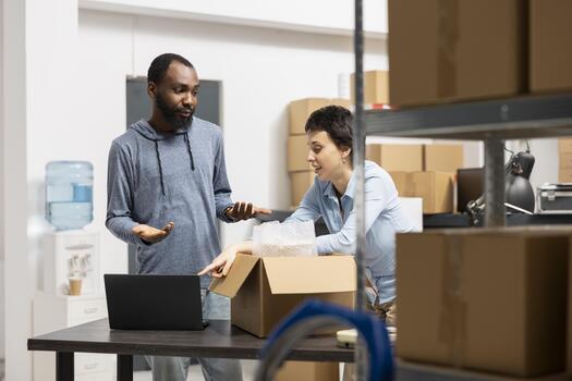 Diverse dedicated team in a fulfillment center works on shipping and distribution of goods, optimizing small business performance through efficient warehouse operations. E commerce. photo