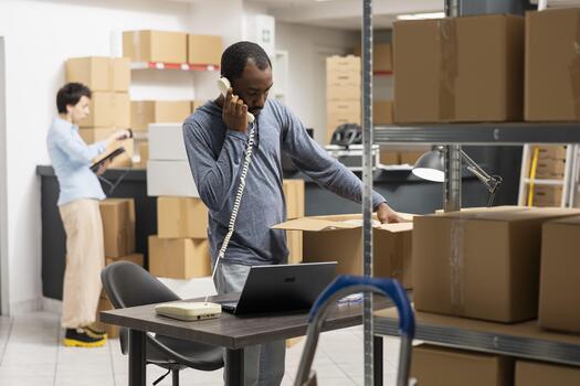 Young man talking to the dispatch center colleague on landline phone, sharing details about custom orders to ensure express delivery for the local small business operations. Distribution. photo