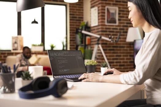 Asian female programmer sits at home desk, writing and debugging coding scripts on laptop screen. Woman entrepreneur working remotely on app development for startup tech company. photo