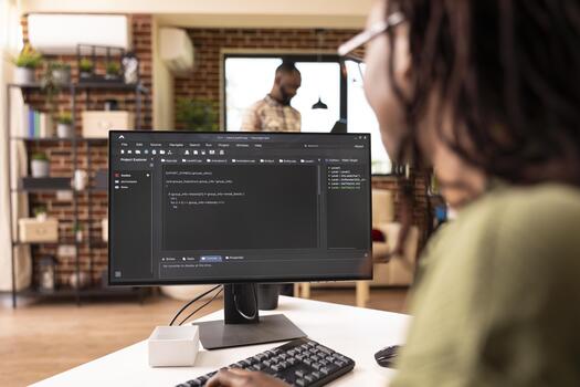 African american freelancer in home office programming an app, reviewing coding scripts and managing tech startup tasks. Self employed woman working remotely online, developing software. photo