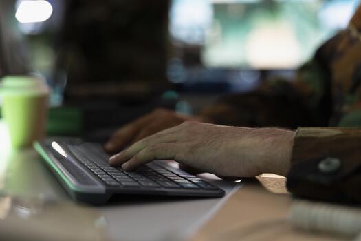 Military officer typing on keyboard, sending battlefield information to army decision maker. Close up shot of counterintelligence expert talking with general, showing enemy coordinates photo