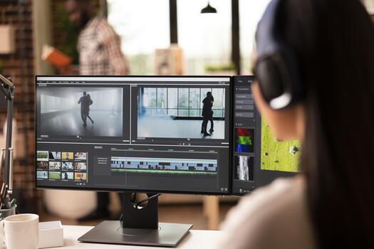 Filmmaker with headphones seated in home studio, creating film documentary remotely. Woman uses editing software and dual monitors to color grade, sync audios and add digital effects with precision. photo
