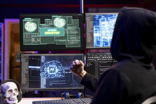 Hacker using malicious virus and AI deep learning technology to compromise devices and digital networks, gaining passwords. Man using neural networks tech, stealing and illegally selling data online photo