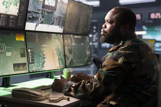 Counterintelligence agent in command center combating terrorism using detection system. Intelligence agency officer protecting national borders by tracking terrorists entering country photo