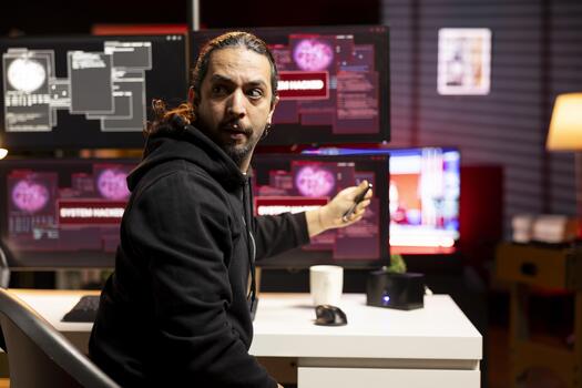 Criminal in hideout alerted by police presence after hacking into servers. Hacker found by cybercriminal law enforcement escaping with stolen data on USB after failing to conceal online identity photo