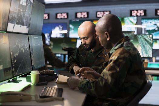Army officers use reconnaissance gear to do threat monitoring and target recognition, analyzing intel. Military specialists in headquarters looking over mission control files to learn how to defeat opponents photo