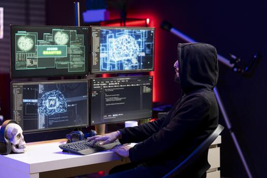 Hacker typing on keyboard, running neural network software to breach company security and open locked databases. Rogue engineer doing cyber attacks, operating machine learning hacking platforms photo