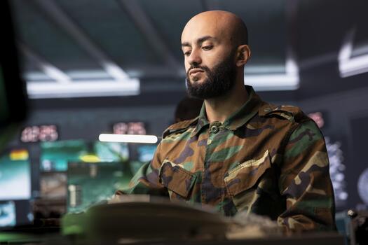 Counterintelligence specialist in control center combating terrorism using detection system. Middle Eastern intelligence officer protecting national borders by tracking terrorists entering country photo