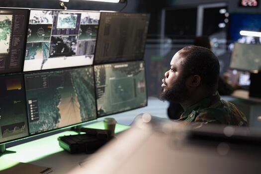 Army operative in command center analyzing surveillance data during global warfare. Intelligence agent in base of operations completes mission during World War 3 geopolitical operation photo