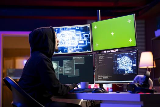 hacker codificación en verde pantalla ordenador personal utilizando máquina aprendizaje a evadir seguridad con sigilo programa malicioso mal hombre utilizando neural red guión en Bosquejo computadora a esconder malicioso código desde detección sistemas foto