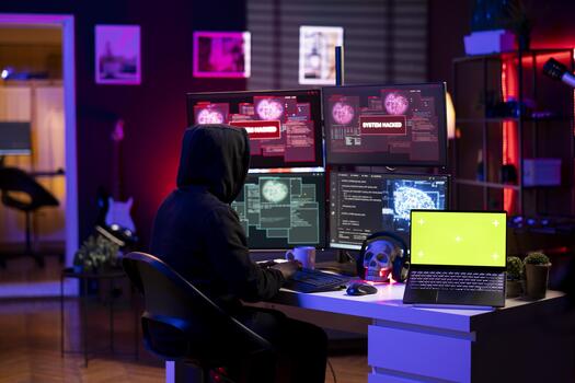 Cybercriminal doing phishing attacks using green screen laptop, tricking users into revealing credit card data. Evil man launching DDoS attacks with mockup notebook, flooding servers to crash websites photo