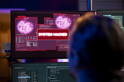 Close up of hacker looking at system hacked popup on screen after using AI malware software. Rogue programmer in underground hideout trying to hide online activity after stealing data photo