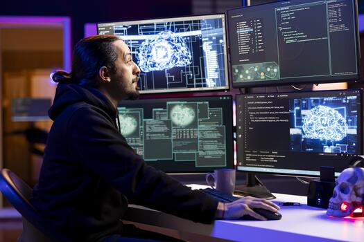 Cybersecurity guru using AI technology to break into secure computer systems and bypass security. Rogue technician in dark tech ambiance uses deep learning to attack weak spots in company networks photo