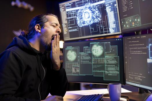 cansado hacker a escritorio bostezando después codificación todas noche, utilizando ai a evadir seguridad con sigilo programa malicioso agotado hombre sensación soñoliento mientras molesto a esconder malicioso código desde cortafuegos detección sistemas foto