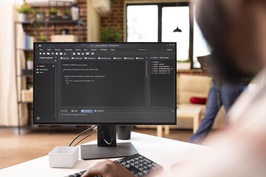 African american tech freelancer writes code on computer in modern home. Closeup of desktop monitor displaying programming scripts as black man builds and edits website from brick wall apartment. photo
