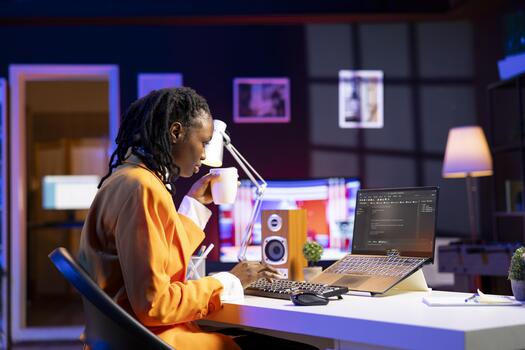 Software developer enjoying cup of coffee and writing code on laptop in apartment office, using Java programming languages. Woman drinking beverage, remotely working on fixing database errors photo