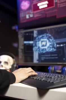 Closeup of hacker seeing critical error warning while stealing data from enterprise networks using AI deep learning. Evil man gets cyber attack rejected alert on monitor, using artificial intelligence photo