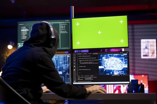 Hacker listening music using mockup PC to launch phishing attacks tricking users into revealing credit card data. Man wearing audio headphones using DDoS attacks to flood servers and crash websites photo