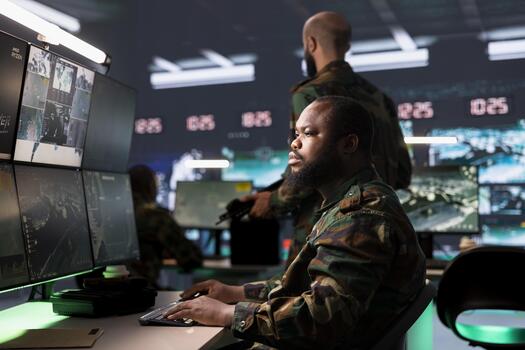 Officer in command center planning, analyzing and gathering information on enemy troops. Soldier in base of operations doing assessment of adversaries capabilities and vulnerabilities photo