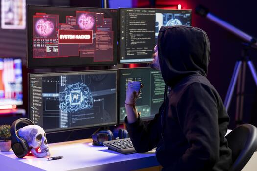 Hacker pumps fist, satisfied after launching phishing attacks tricking users into revealing credit card data. Jolly rogue software developer excited after DDoS attacks flood servers and crash websites photo