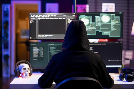 Hacker using exploits on computer to break into systems and access restricted data. Hooded man using VPN on dark web to sell sensitive information gathered from hacked PCs photo