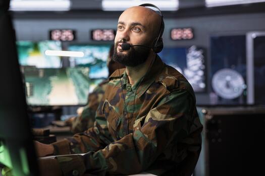 Army telecommunication systems agent in command center using radio and satellite gear, providing combat support using headset mic. Soldier managing communications networks from base of operations photo