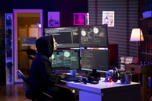 Hooded hacker in neon lit lair using PC to gain unauthorized network access, targeting unpatched connections. Rogue engineer at home bypassing security and exploit servers for stolen data profit photo