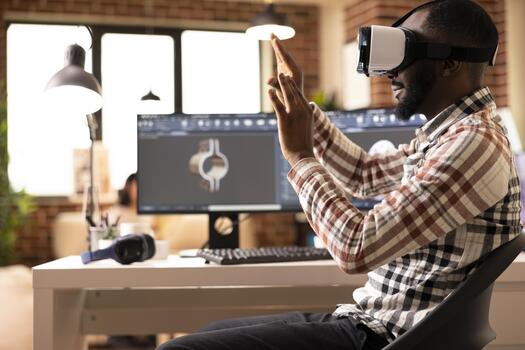 African american freelance developer immersed in VR, prototyping 3D clamp model. Black male engineer using computer aided design tools and virtual reality headset to craft precision product design. photo