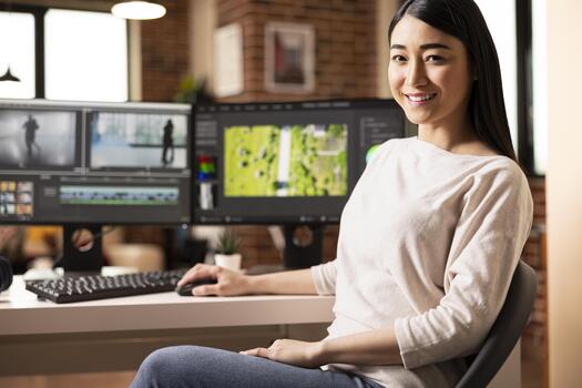 Asian woman cinematographer smiling confidently at home studio seated at dual monitors. Creative female editor using color grading software to produce cinematic videos remotely. photo