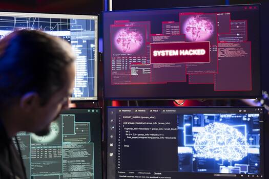 hacker instalando spyware utilizando neural redes tecnología a secretamente reunir datos acerca de usuario actividad. pícaro software desarrollador codificación explota utilizando ai tecnología a ganancia no autorizado acceso foto