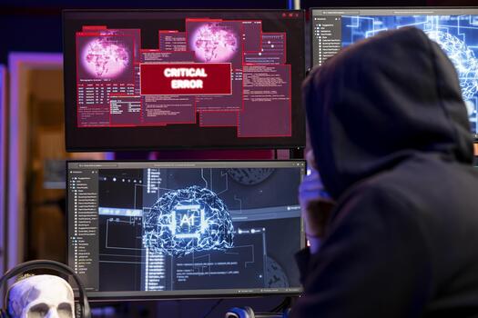 Hacker seeing critical error warning on computer when hacking firewalls using machine learning. Evil man failing to break into enterprise database because of malfunctioning virus software photo
