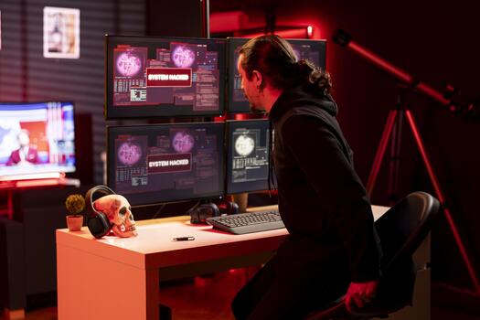 hacker asustado después acecho Noticias programa revelando su suplantación de identidad ataques robando crédito tarjetas datos. hombre sensación temeroso después viendo rotura Noticias en policía en Estar atento para él después ddos ataques foto