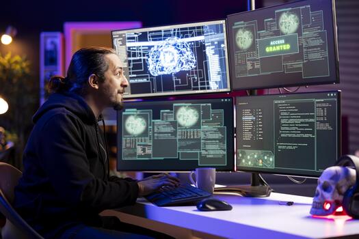 contento hacker satisfecho después consiguiendo acceso concedido mensaje, evadir seguridad con sigilo programa malicioso jubiloso hombre Encantado después exitosamente haciendo guión ocultación malicioso código desde detección sistemas foto