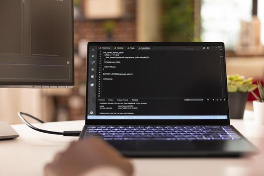 Closeup of laptop displaying code as african american developer troubleshoots app project from home. Black tech freelancer writing and debugging software script in modern apartment. photo