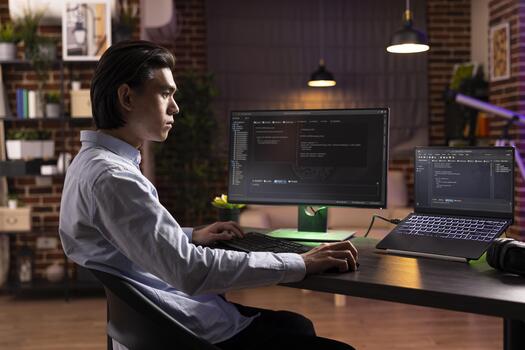 enfocado asiático hombre trabajando tarde, utilizando escritorio ordenador personal y ordenador portátil a depurar software. dedicado remoto desarrollador analizando sitio web código en múltiple pantallas y completando programación Tareas a hogar foto