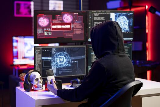 Hacker looking at SSD with malware on computer, using it to break into systems and access restricted data. Cybercriminal uploads storage drive with stolen sensitive information, using VPN on dark web photo