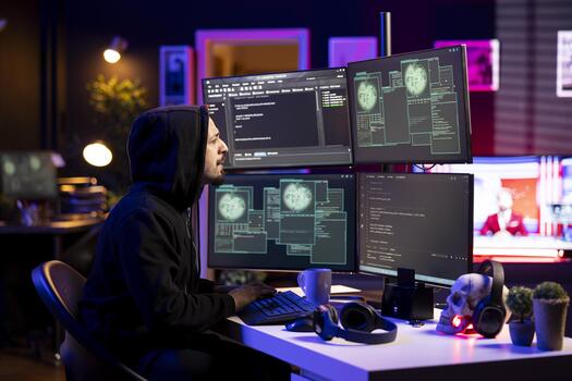 Hooded hacker in secret workspace bypassing firewalls, launching DDoS attacks on companies websites. Rogue technician at home working on virus scripts that can crash businesses servers photo