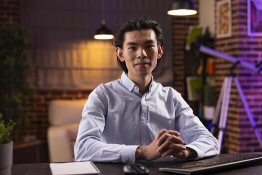 Portrait of determined remote worker sitting at desk with hands folded, working from home. Confident man uses keyboard and notebook, prepared to tackle online work and freelance tasks in home office. photo