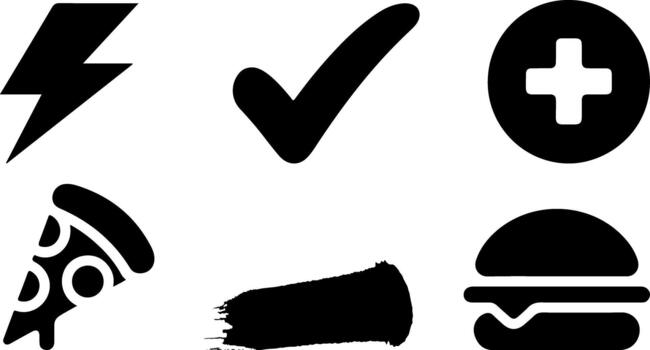 Five black icons arranged on white backdrop consisting of pizza slice burger electricity sign checkmark and add symbol vector