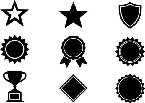 Illustration of star shields and awards representing success achievement and recognition in simple black and white style graphics vector