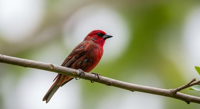 A red avadavat bird perched on a branch with a blurred green background outside view photo