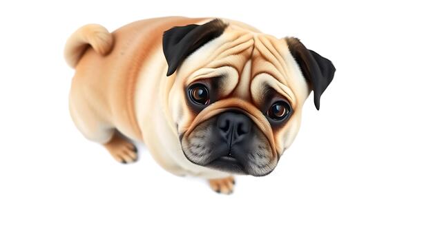 A pug looking up with a curious expression against a plain white background view photo