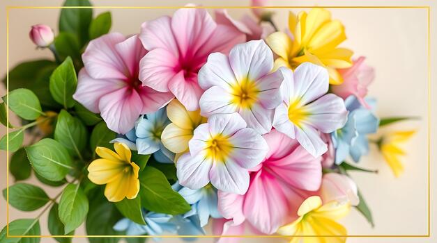 A close up view of a colorful floral arrangement with a golden rectangular frame photo