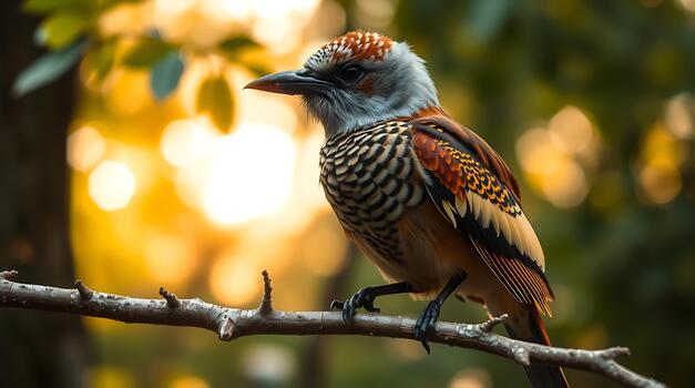 A colorful bird with patterned feathers perched on a branch in a forest setting photo