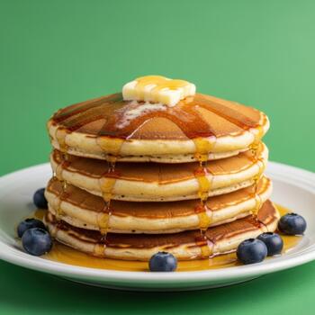 Golden stack of pancakes drizzled with syrup, topped with butter and fresh blueberries against a vibrant green backdrop ready for a breakfast menu photo