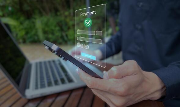 Augmented reality mobile payment interface with shield icon and confirm button photo