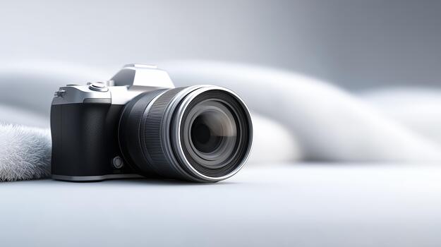 Studio shot of camera with soft background, Premium lifestyle shot of compact camera resting on plush linen fabric with gentle bokeh photo