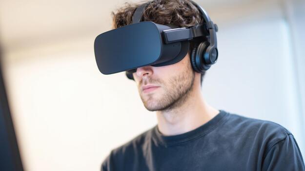 Tech developer immersed, Caucasian man engaged in VR development project, Developer in bright workspace testing immersive metaverse photo